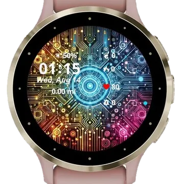 Background featuring a vibrant Garmin watch face preview