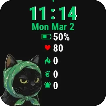 Black Cat Green Hat Garmin watch face preview