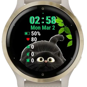 Black Cat Green Leaves Garmin watch face preview