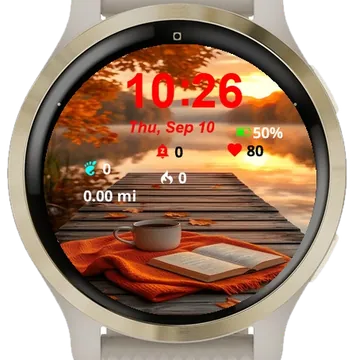 Book Cup Coffee Dock Autumn Leaves Garmin watch face preview