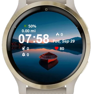 Bright Red Boat Sitting Still Calm Garmin watch face preview