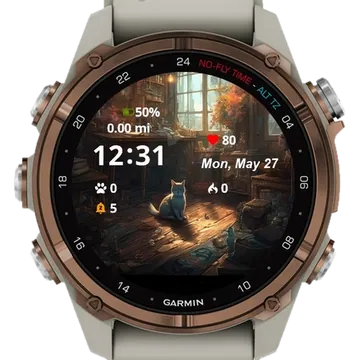 Cat sits in room Garmin watch face preview