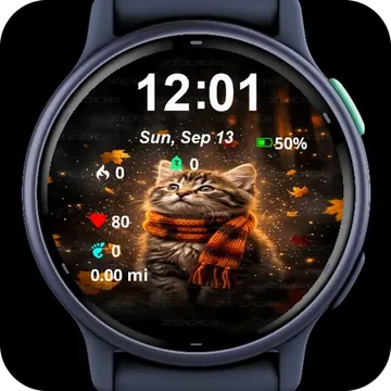 Cat Wearing Orange Scarf Looking Up Garmin watch face preview