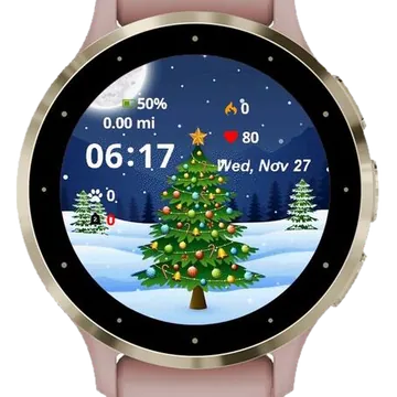Christmas tree in the winter night landscape Garmin watch face preview