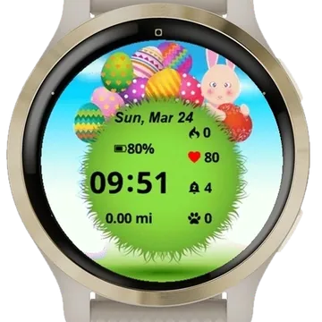 Colorful eggs and bunny on green grass Garmin watch face preview