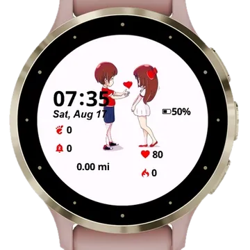 Cute male character giving heart to female Garmin watch face preview