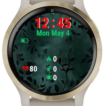 Dark Green Black Leaves Garmin watch face preview