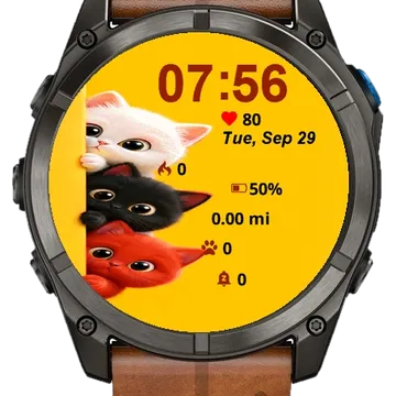 Four Cats Peeking Out Yellow Wall Garmin watch face preview