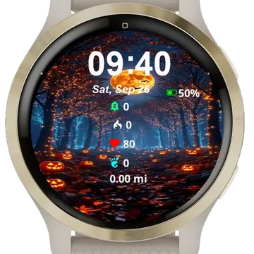 Full Moon Seen Above Trees Pumpkins Garmin watch face preview