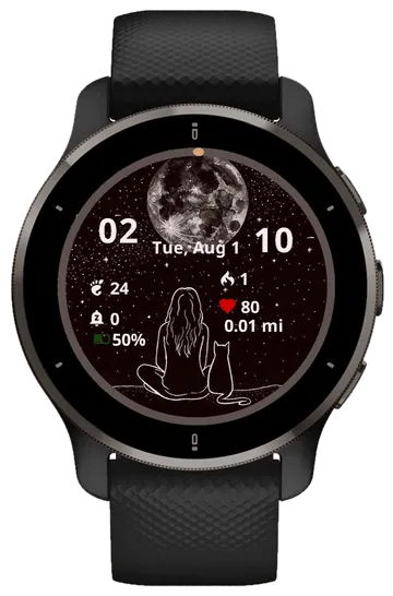 Girl and Cat under the moon Garmin watch face preview