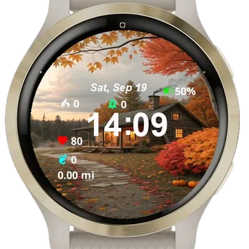 Old Cabin Fall Leaves Pumpkins Garmin watch face preview