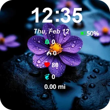 Purple Flowers Water Raindrops Garmin watch face preview