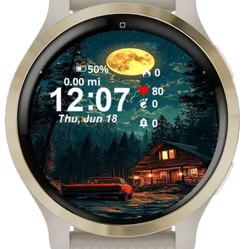 Red Car Parked Front Cabin Night Garmin watch face preview