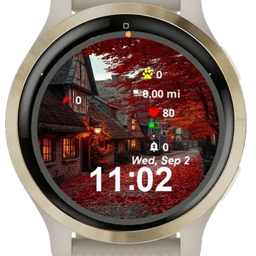 Red Leafed Street Houses Garmin watch face preview