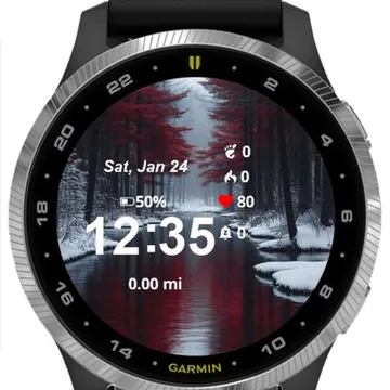 Red Trees in Winter Garmin watch face preview