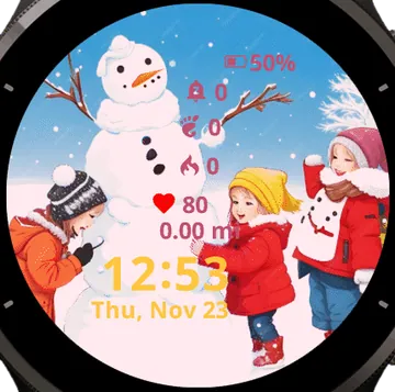 Snowman and happy kids Garmin watch face preview