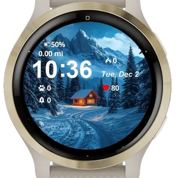 Snowy Night Cabin Fore Garmin watch face preview