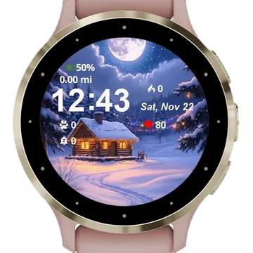 Snowy Night Cabin Full Moon Garmin watch face preview