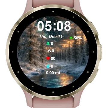 Snowy Night River Trees Garmin watch face preview