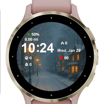 Snowy Night Town New England Garmin watch face preview