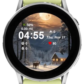 Snowy Scene Cabin Two Deers Garmin watch face preview