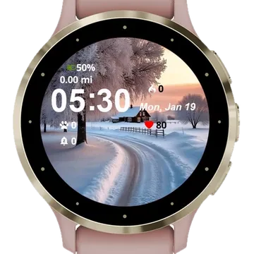 Snowy Scene Tree Barn Garmin watch face preview