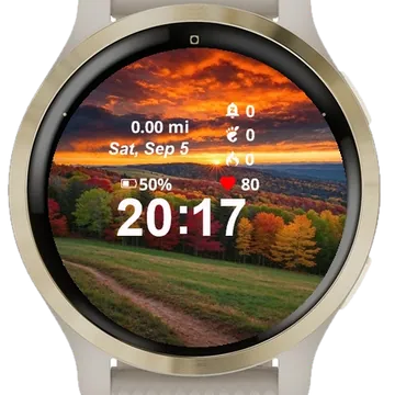 View Sun Setting Over Field Trees Garmin watch face preview