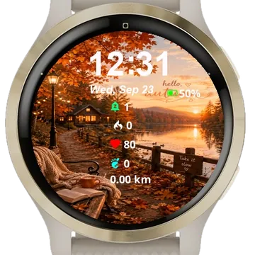 View Sun Setting Over Lake Bench Garmin watch face preview