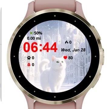White Cat Walking Through Snowy Garmin watch face preview