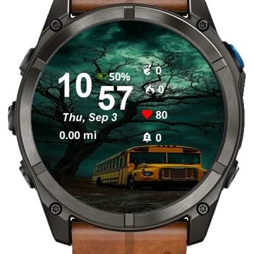 Yellow School Bus Parked Front Tree Garmin watch face preview
